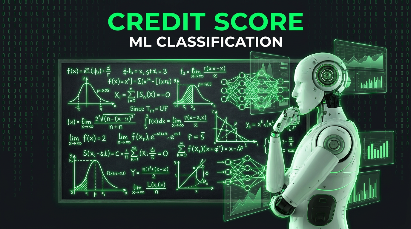 Robô branco em pose pensativa diante de quadro negro com fórmulas matemáticas e diagramas científicos.