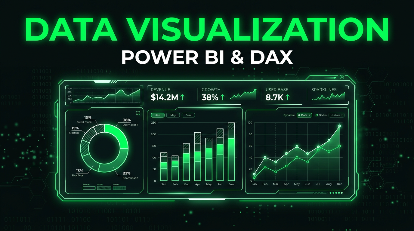 Data Visualization — Power BI: capa em tons neon verde com título e gráficos estilizados.